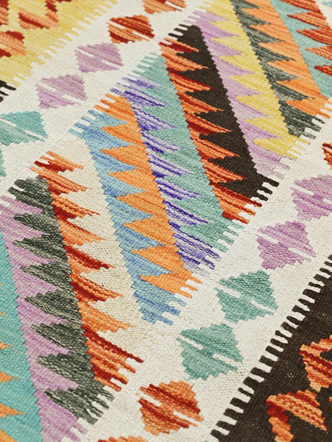 Hand-woven Afghan runner featuring bold geometric patterns in multicolor Wool.