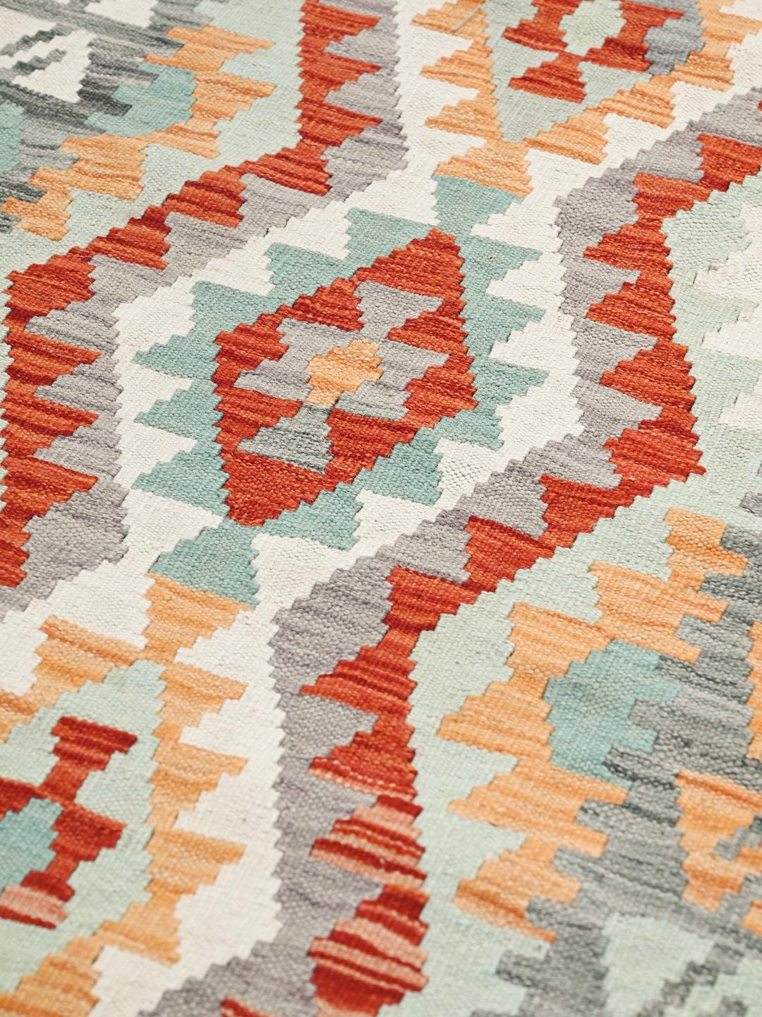 Handgeweven Afghaanse loper met geometrische ruitpatronen in multicolor wol