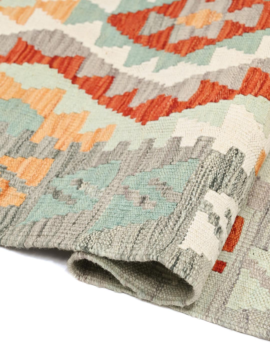 Handgeweven Afghaanse loper met geometrische ruitpatronen in multicolor wol
