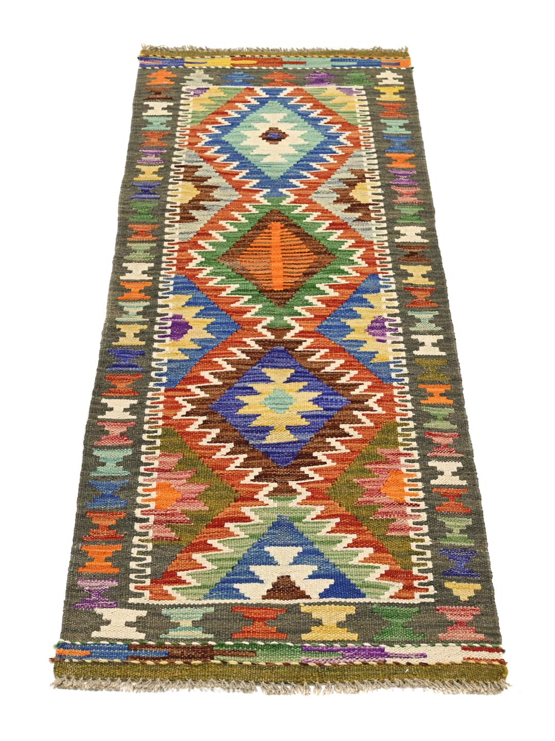 Runner afghano tessuto a mano con vivaci motivi geometrici in lana multicolore
