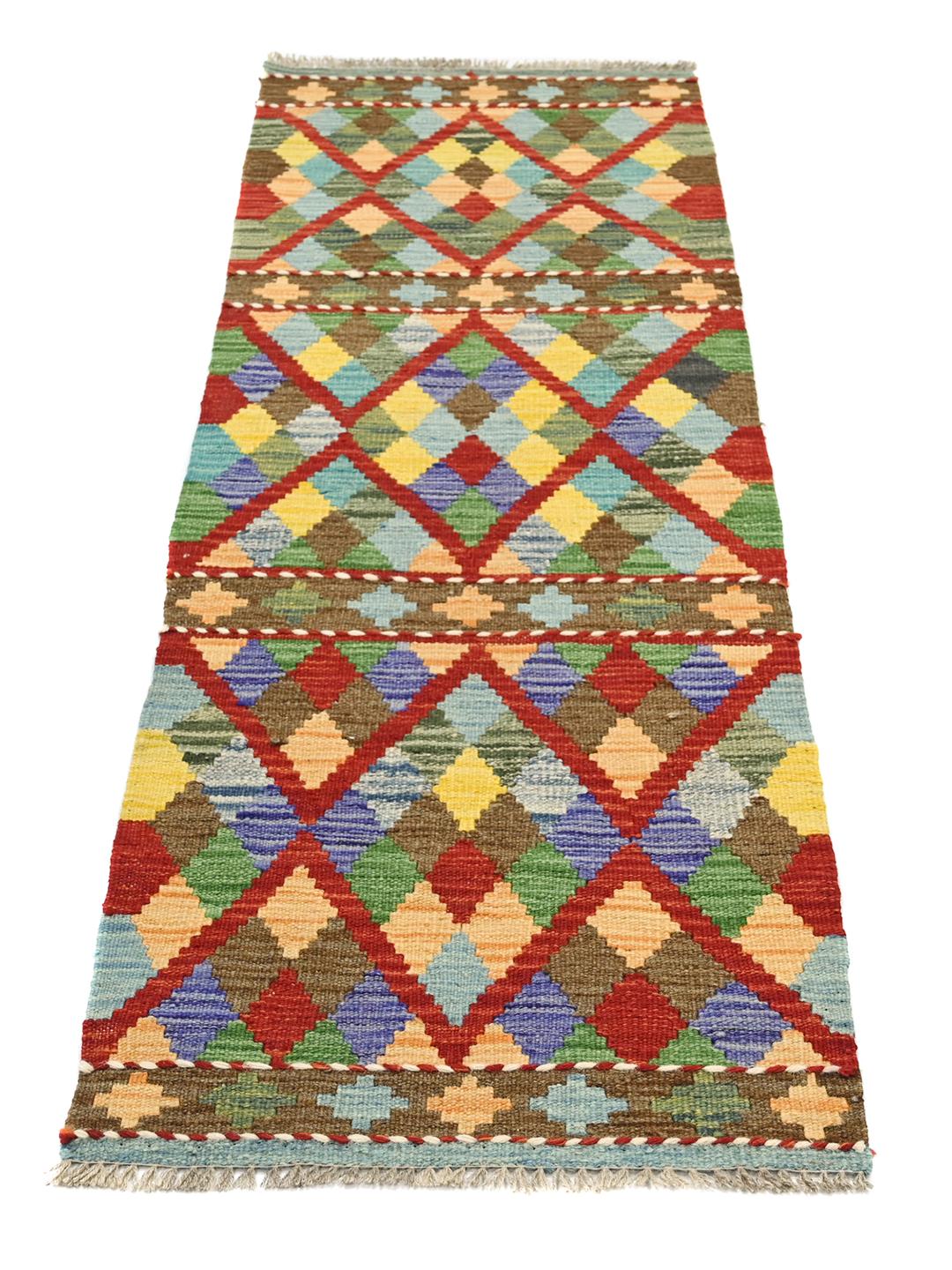 Runner Kelim afghano tessuto a mano con un colorato motivo a rombi