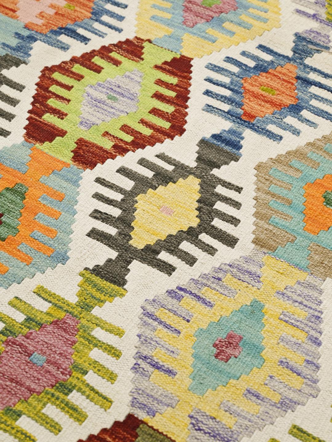 Håndvævet afghansk løber med farverige geometriske diamantmønstre