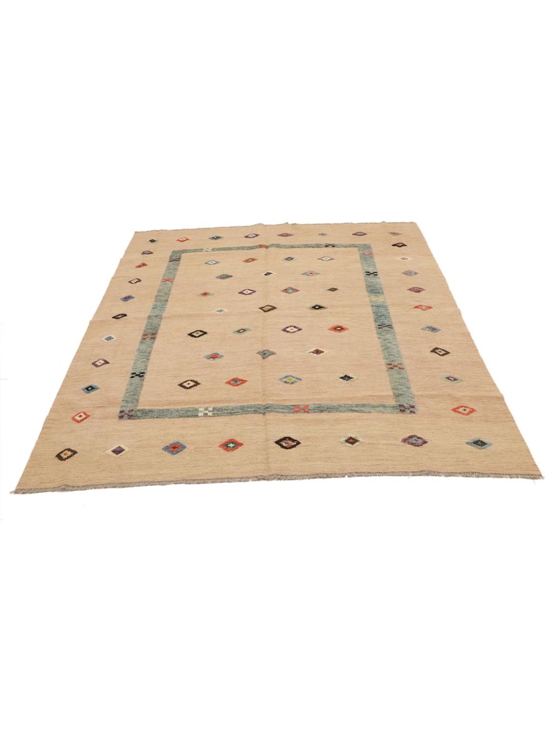 Authentiek Afghaans Kelim tapijt met geometrische motieven in beige en meerkleurig
