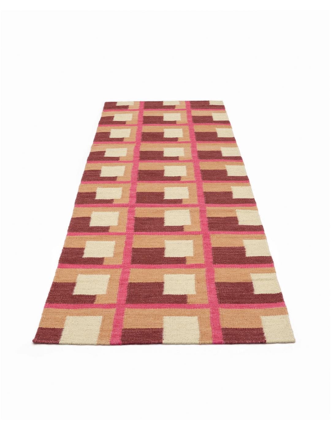 Handgeweven roze en meerkleurige wollen loper