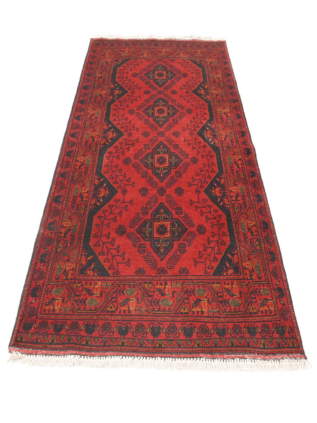 Tapis de couloir Afghan Khal Mohammadi noué à la main en laine rouge et noire