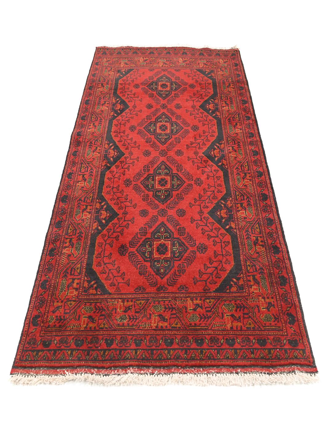 Tapis de couloir Afghan Khal Mohammadi noué à la main en laine rouge et noire