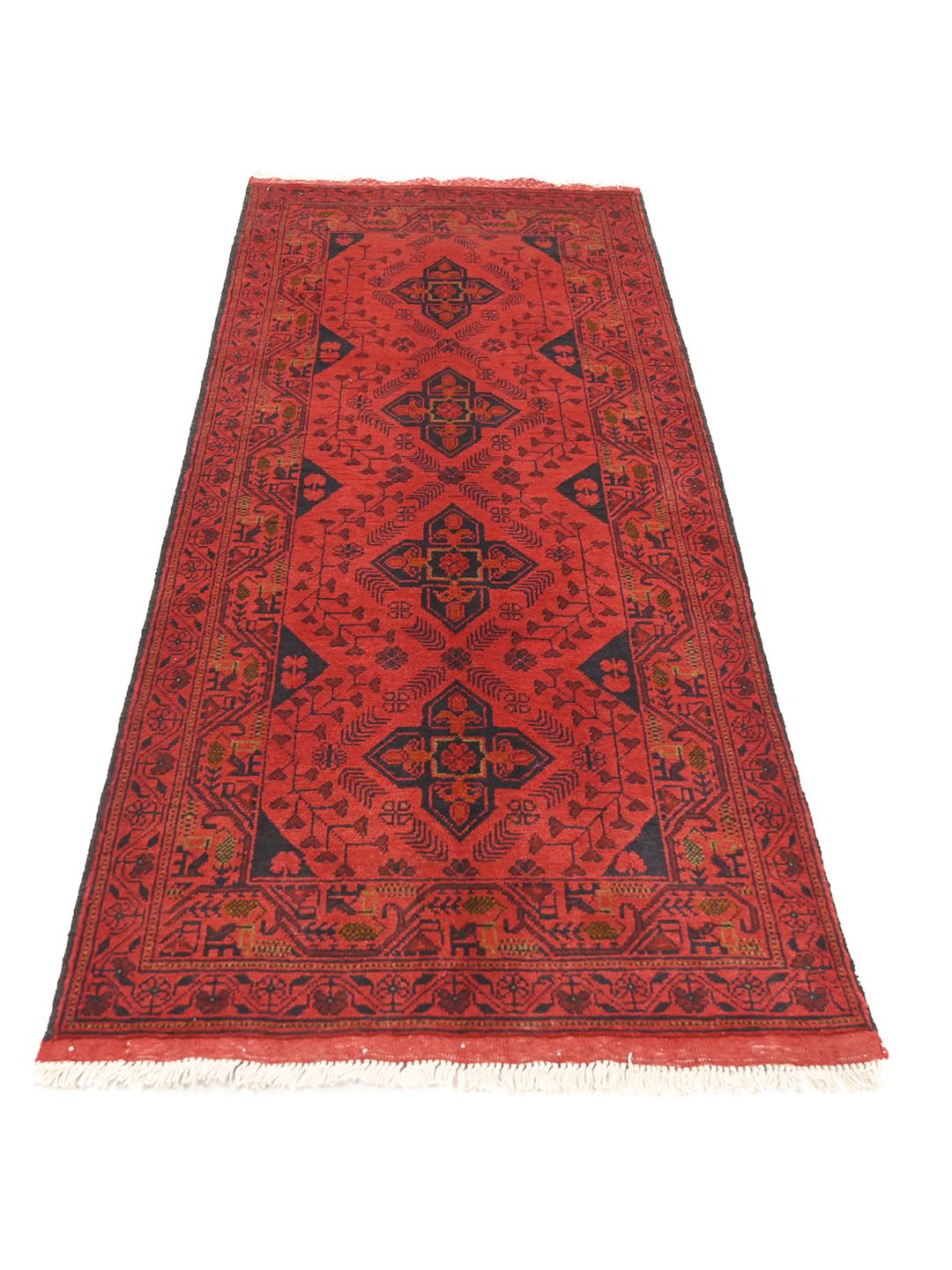 Hand-knotted Afghan Khal Mohammadi wool runner rug in red and black