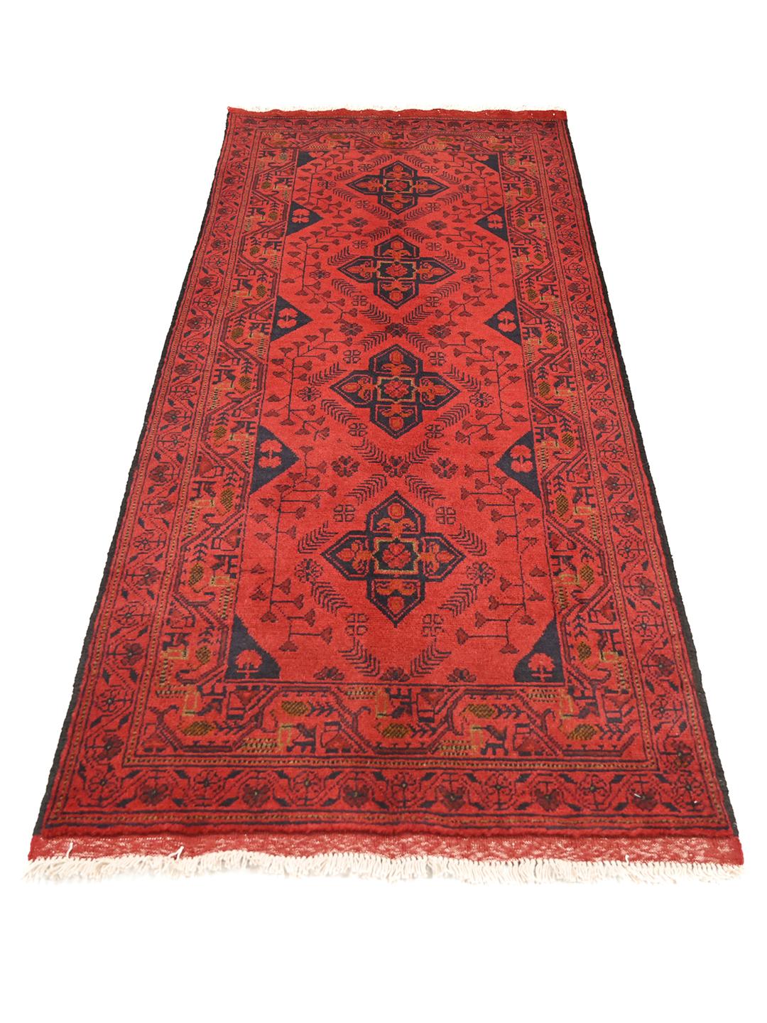 Hand-knotted Afghan Khal Mohammadi wool runner rug in red and black