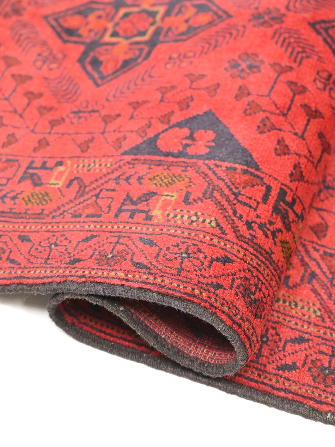 Hand-knotted Afghan Khal Mohammadi wool runner rug in red and black