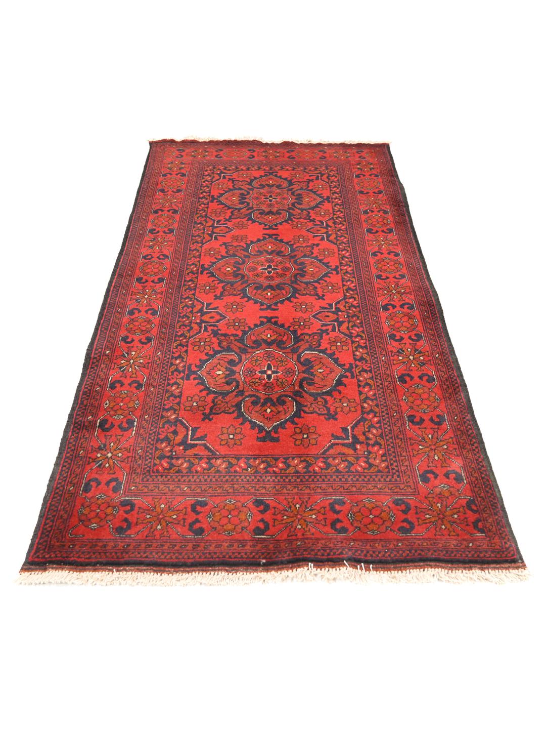 Alfombra de lana afgana Khal Mohammadi anudada a mano en rojo y azul oscuro