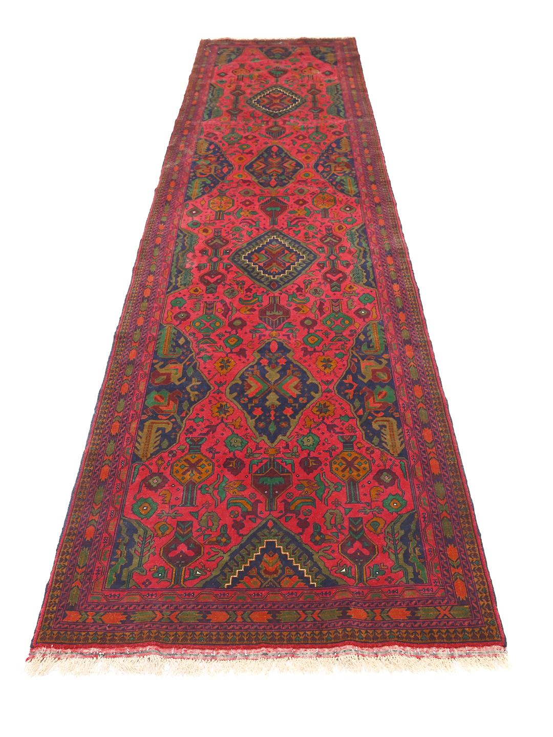 Hand-knotted Afghan runner rug in red and dark-blue wool