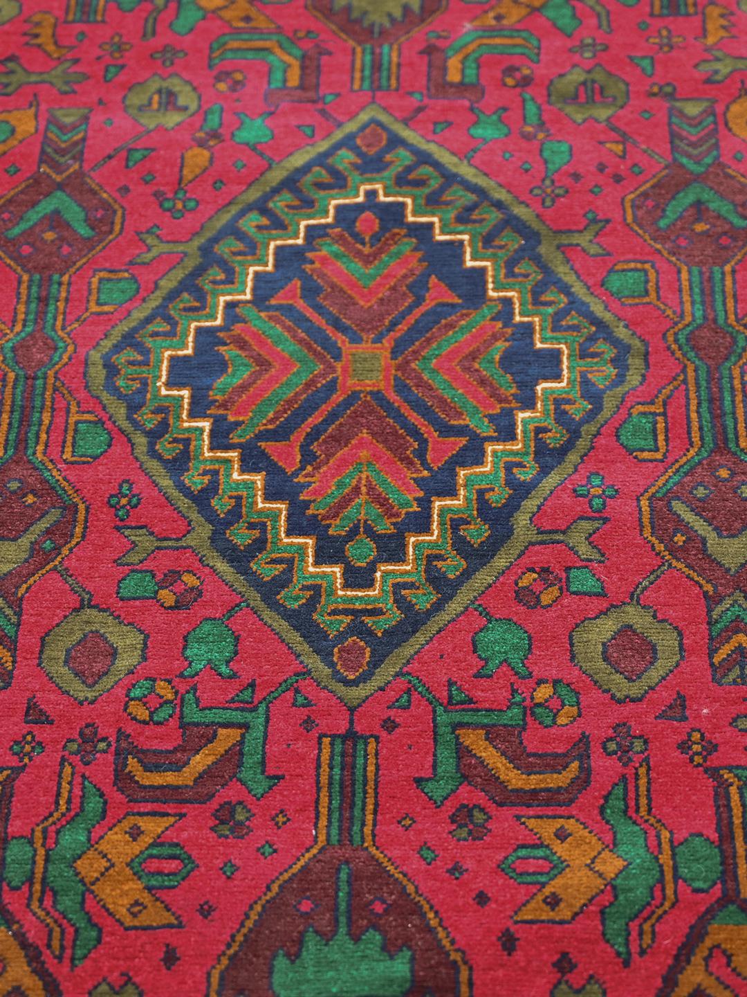 Hand-knotted Afghan runner rug in red and dark-blue wool