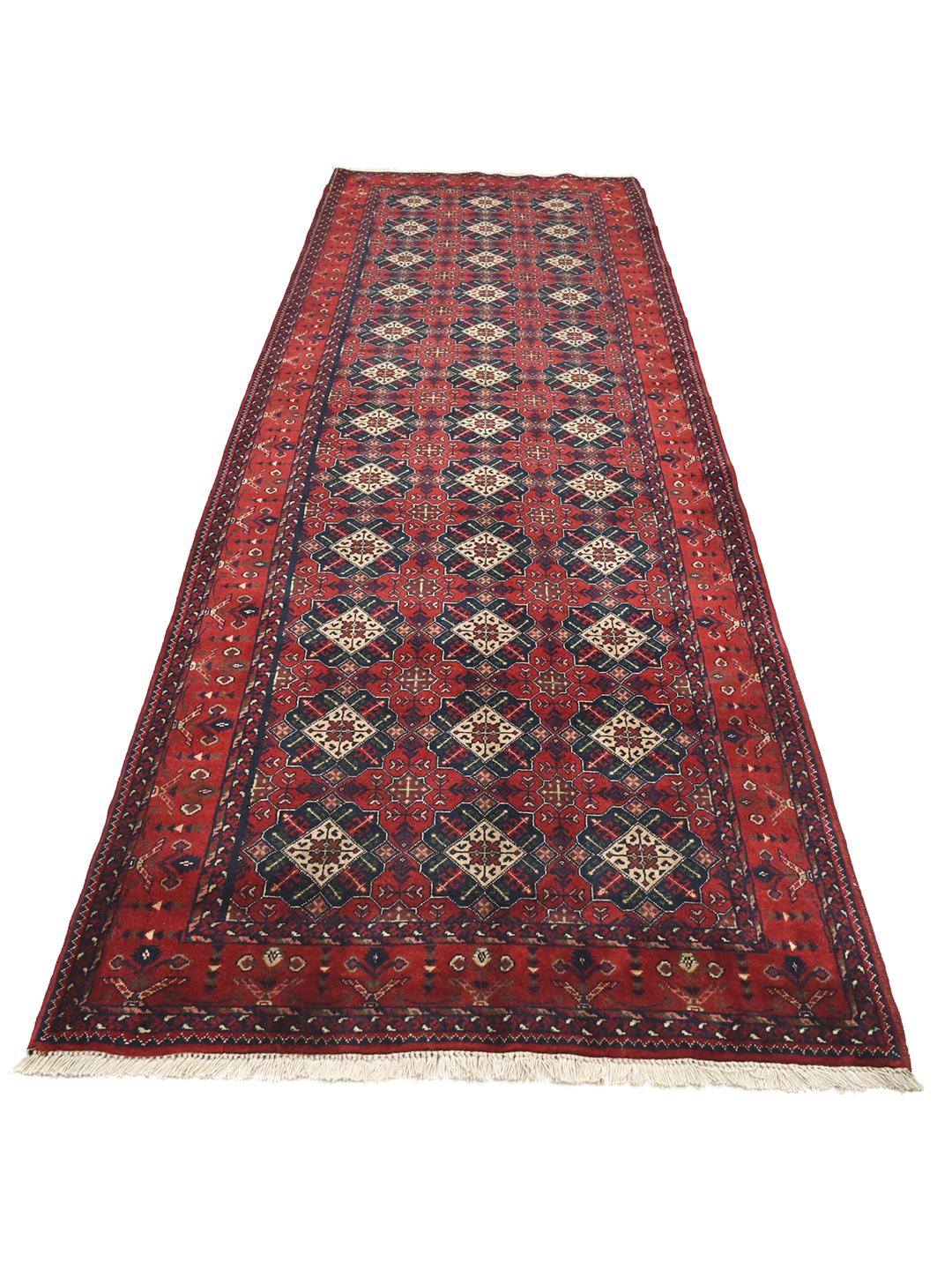 Tapis couloir noué main d'Afghanistan en rouge foncé et bleu foncé