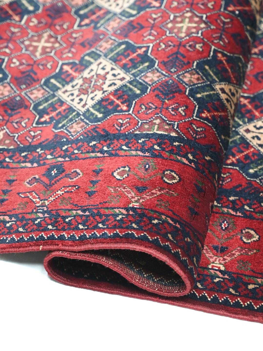 Tapis couloir noué main d'Afghanistan en rouge foncé et bleu foncé