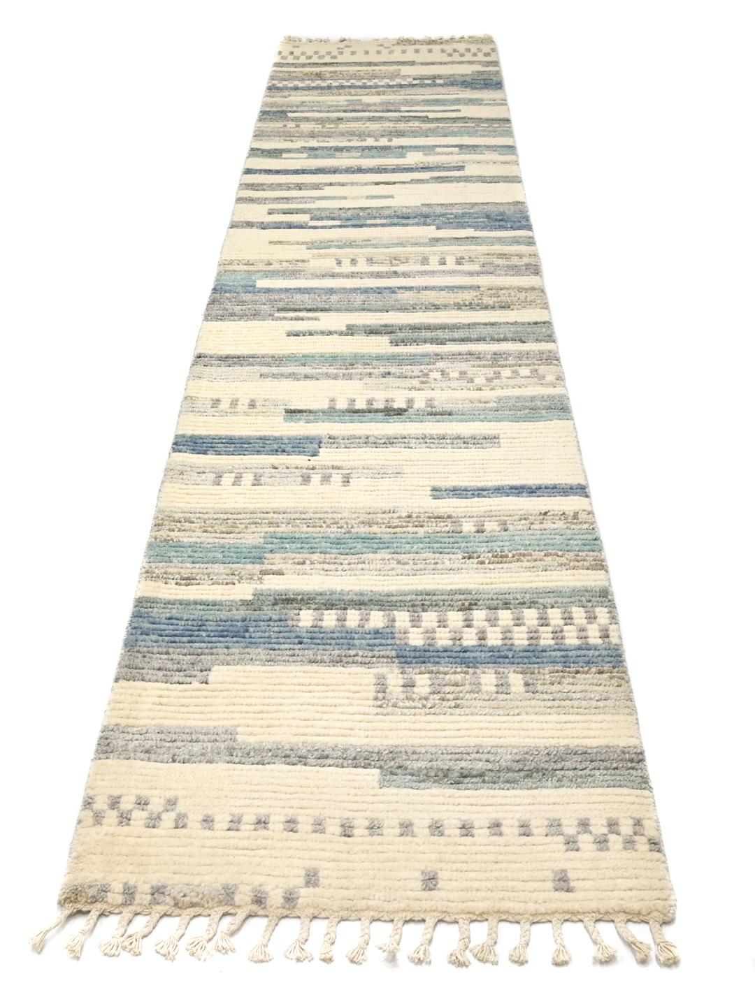 Hand-knotted Afghan wool runner in white and blue with abstract stripes