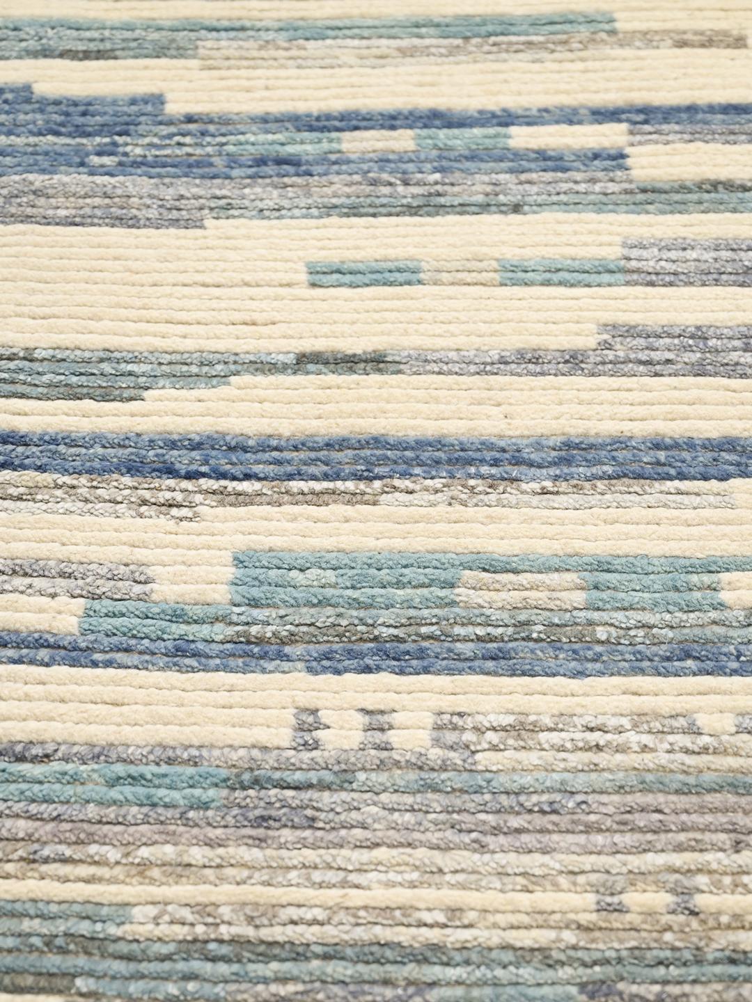 Hand-knotted Afghan wool runner in white and blue with abstract stripes