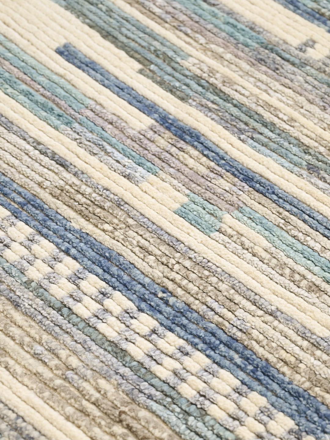 Hand-knotted Afghan wool runner in white and blue with abstract stripes