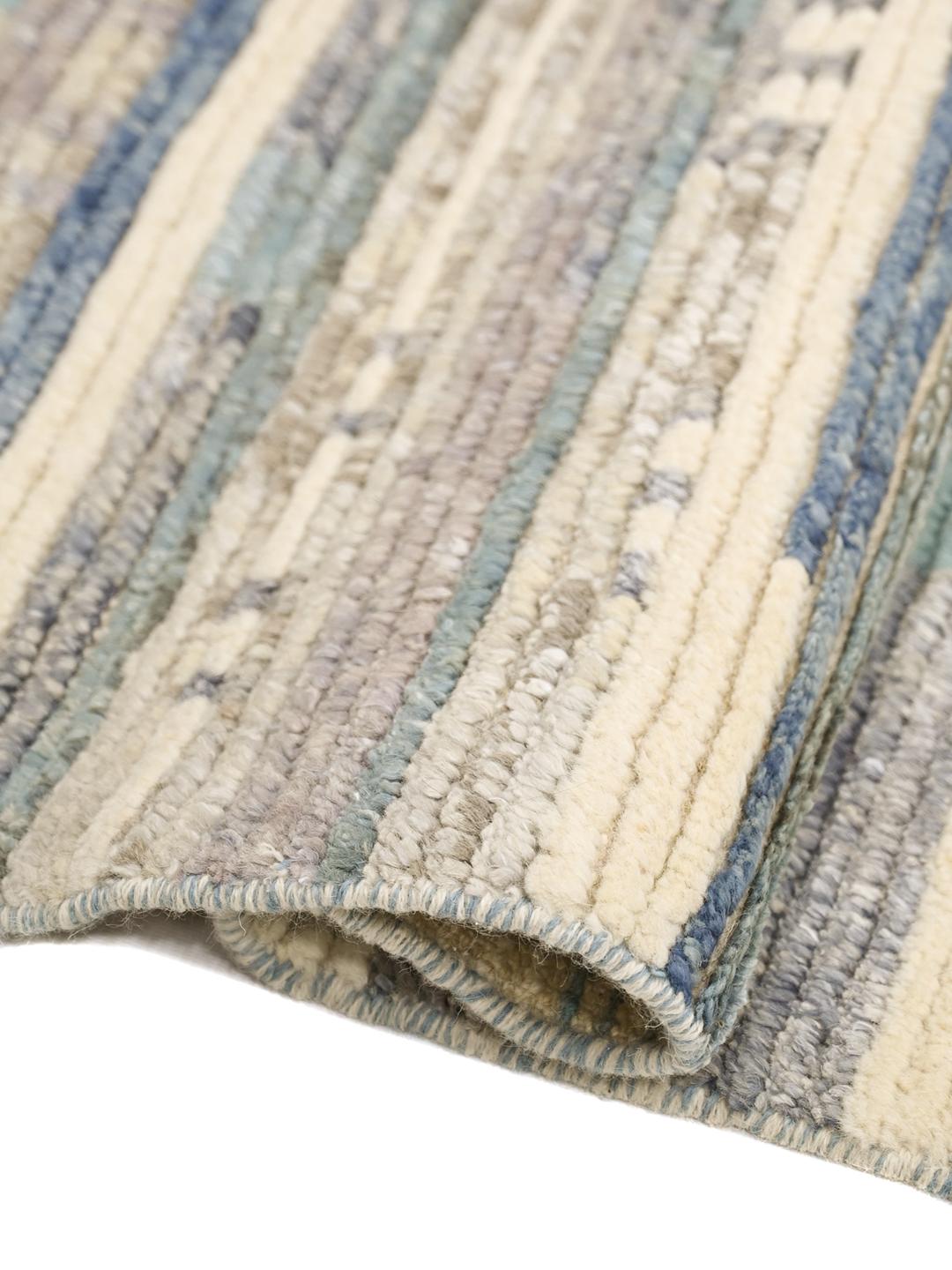 Hand-knotted Afghan wool runner in white and blue with abstract stripes