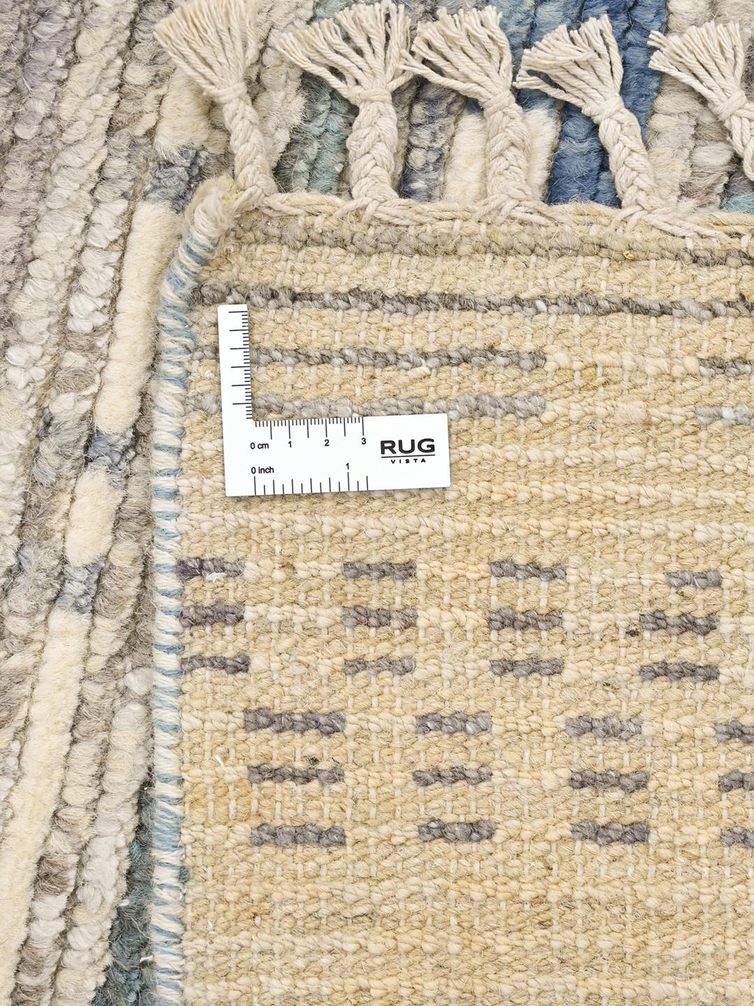 Hand-knotted Afghan wool runner in white and blue with abstract stripes