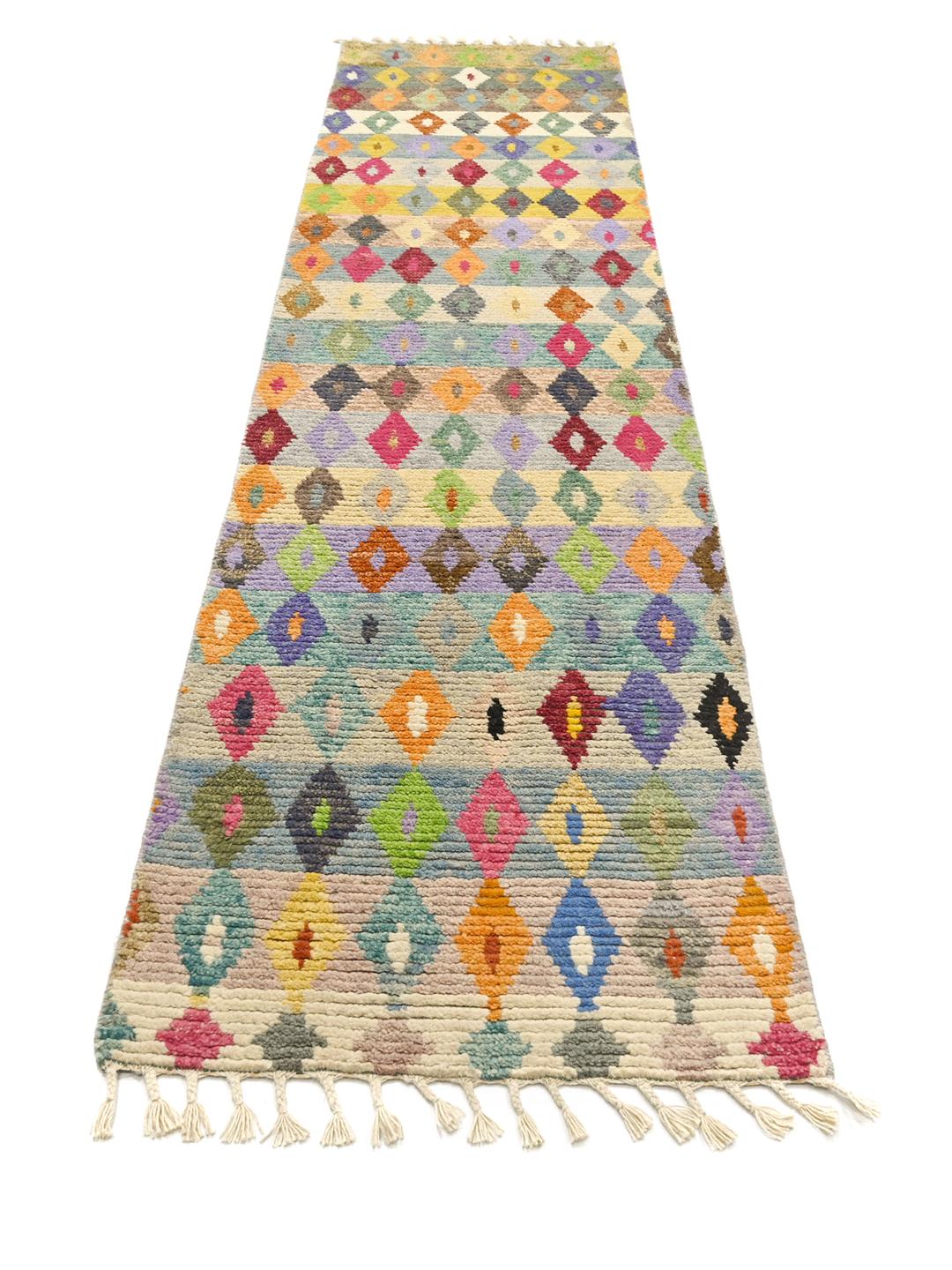 Tapis de couloir en laine multicolore noué à la main en Afghanistan avec des motifs géométriques de losanges
