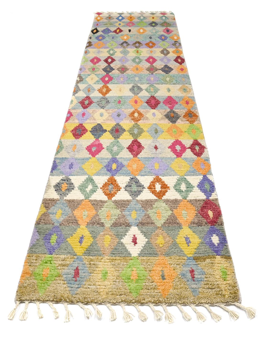 Tapis de couloir en laine multicolore noué à la main en Afghanistan avec des motifs géométriques de losanges