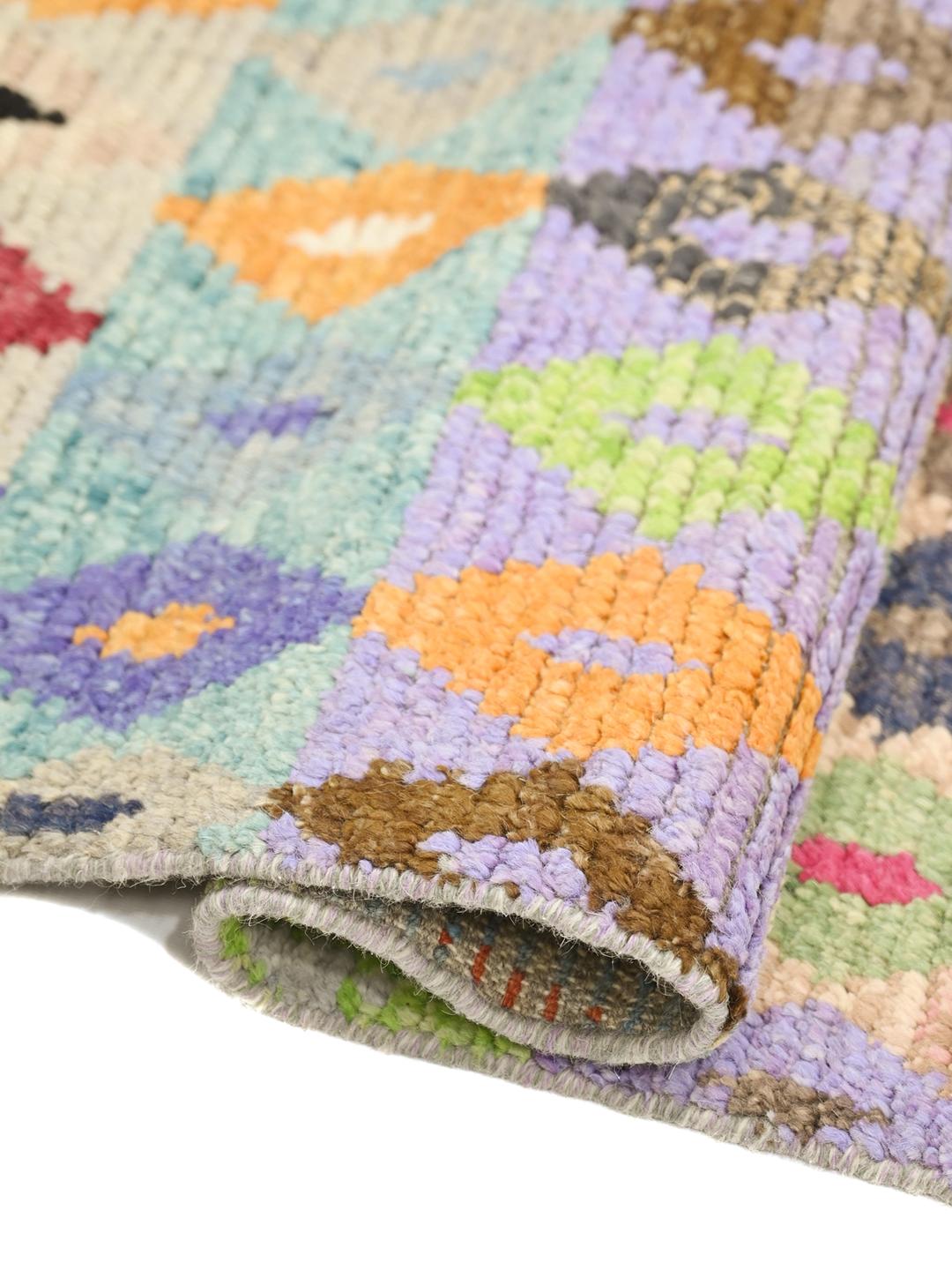 Tapis de couloir en laine multicolore noué à la main en Afghanistan avec des motifs géométriques de losanges