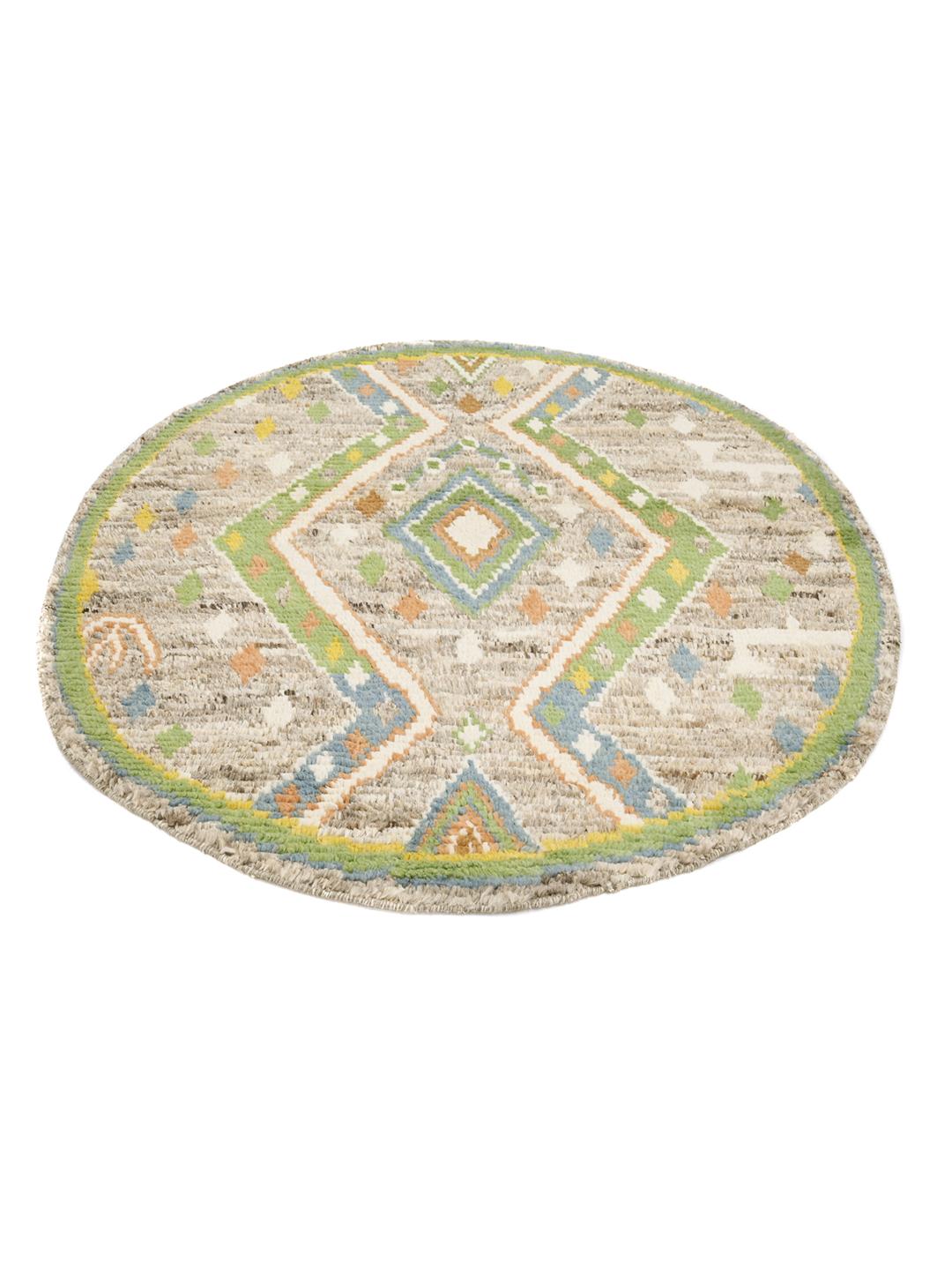 Tapis rond en laine noué à la main en provenance d'Afghanistan de couleur grise avec des motifs géométriques colorés