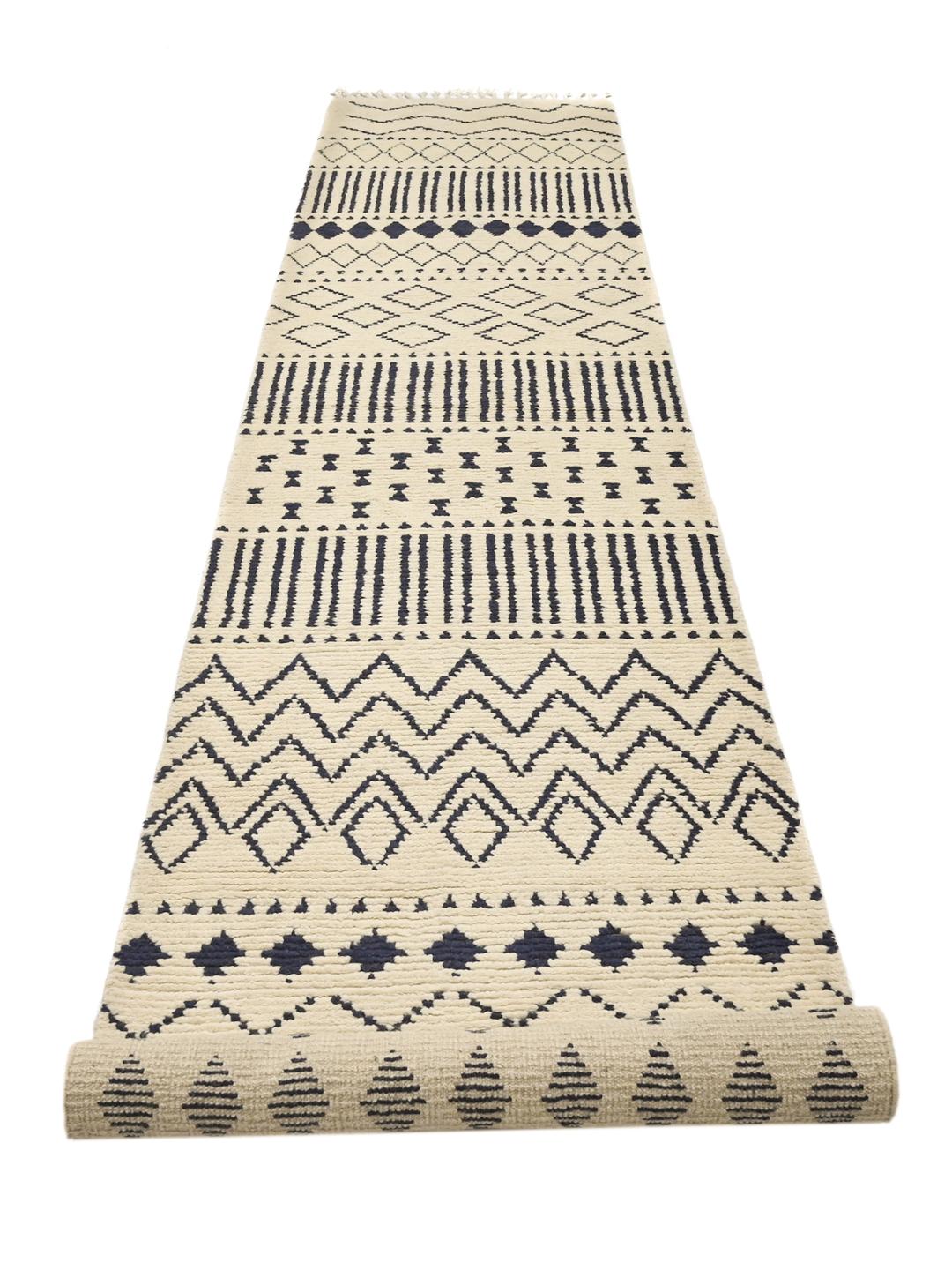 Hand-knotted wool runner rug from Afghanistan in beige and dark blue