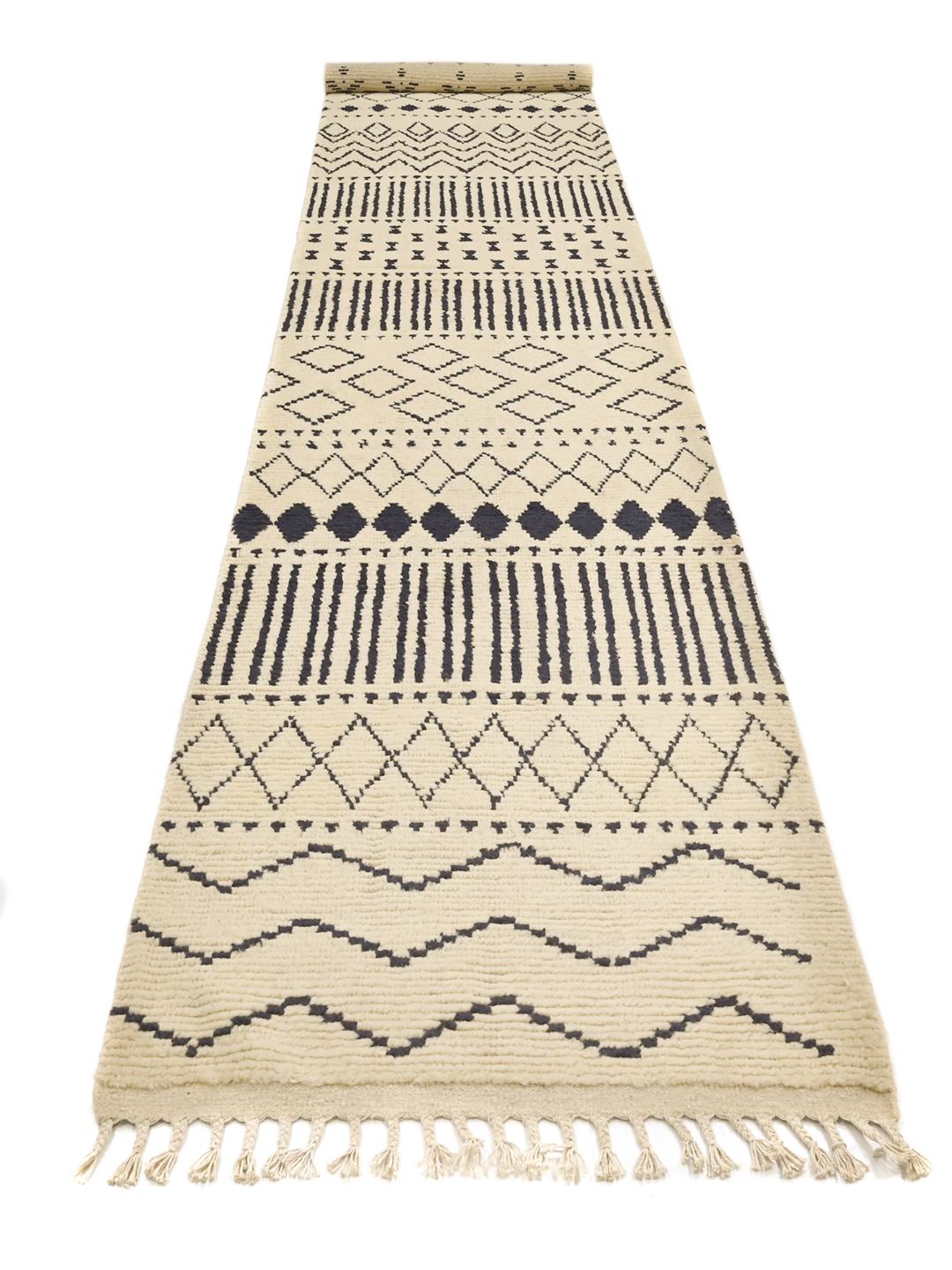 Hand-knotted wool runner rug from Afghanistan in beige and dark blue
