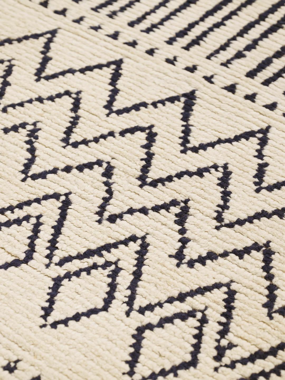 Hand-knotted wool runner rug from Afghanistan in beige and dark blue