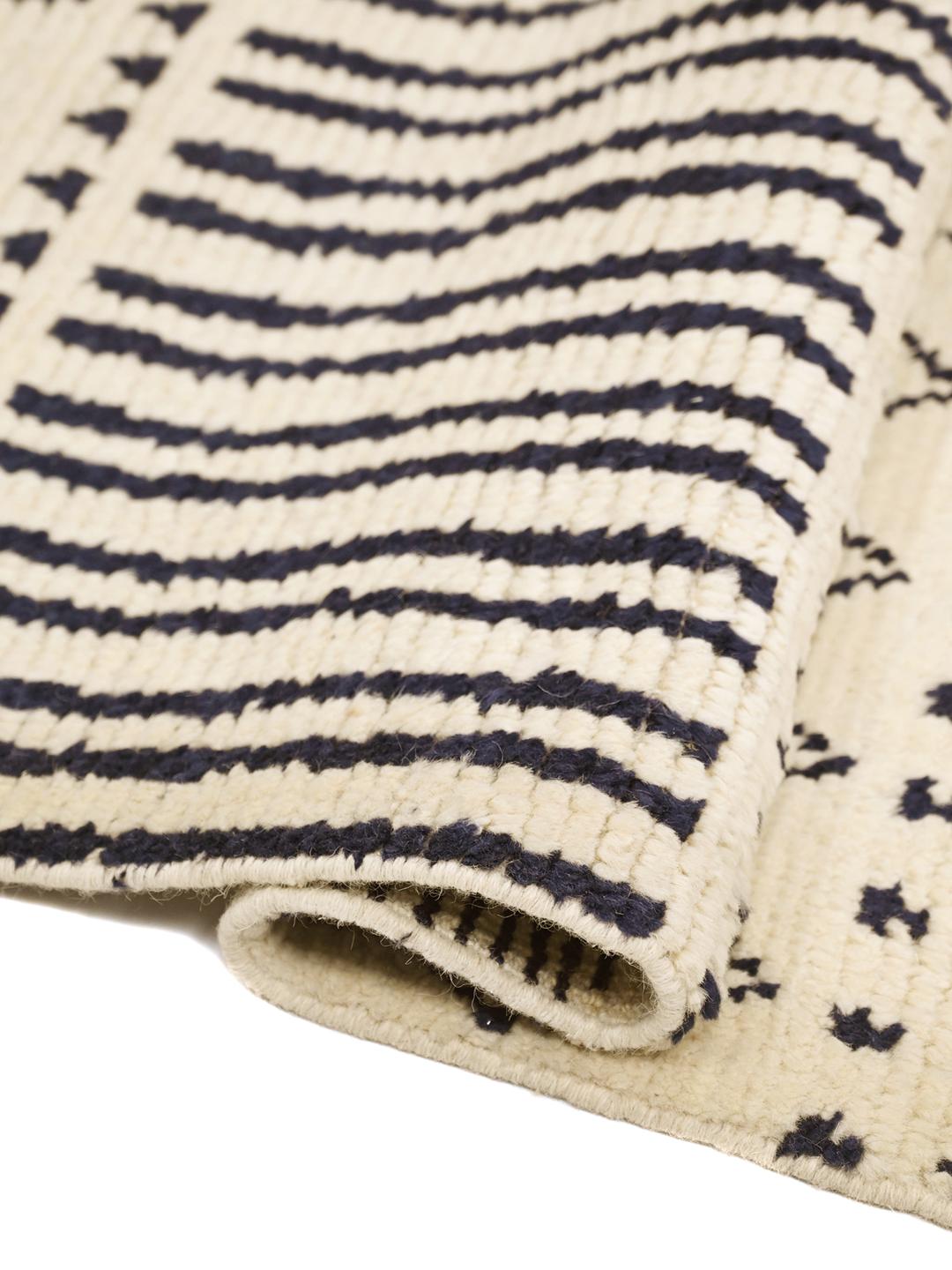 Hand-knotted wool runner rug from Afghanistan in beige and dark blue