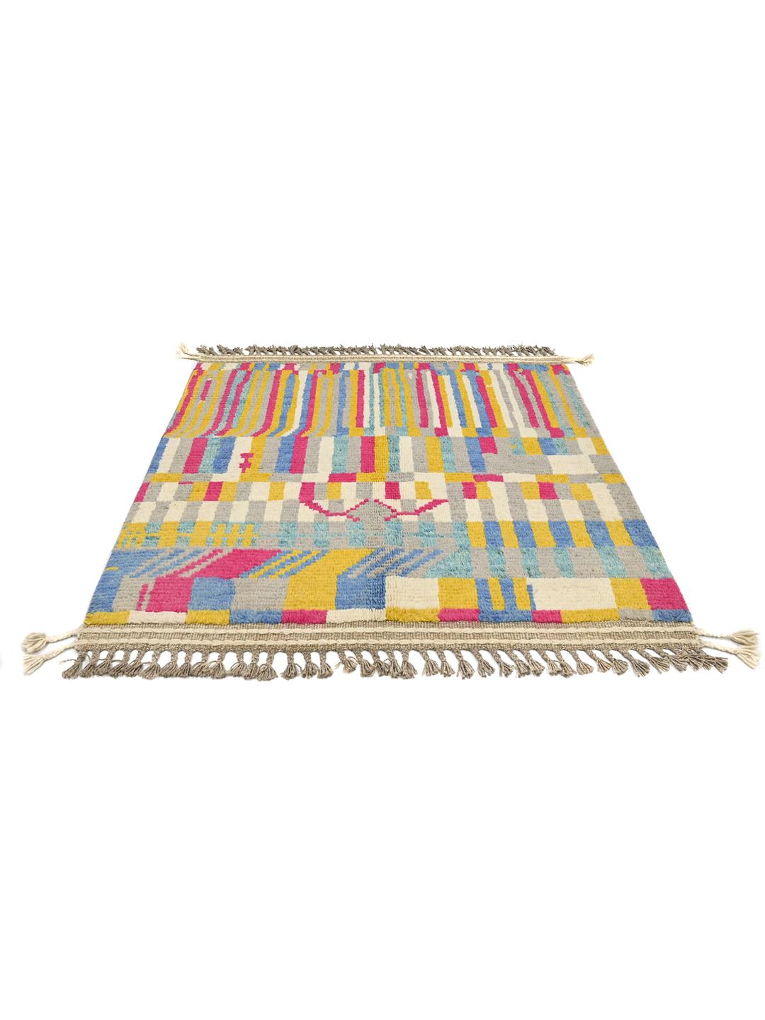 Handgeknoopt multicolor wollen vloerkleed uit Afghanistan met geometrische stammenpatronen