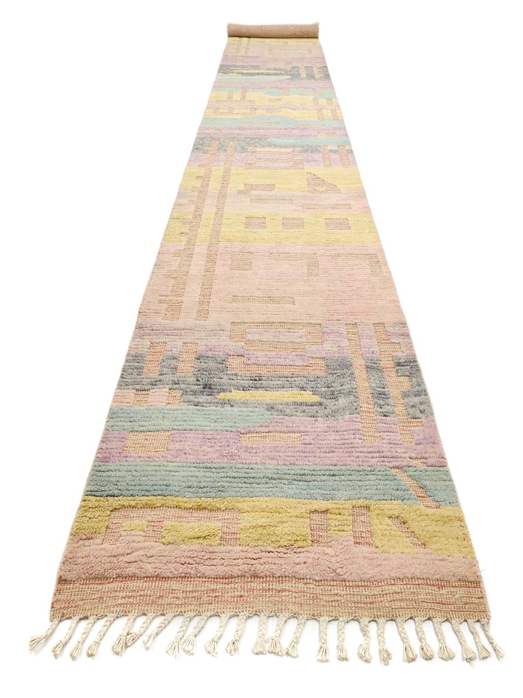 Hand-knotted Berber runner rug in pink and multicolor wool from Afghanistan