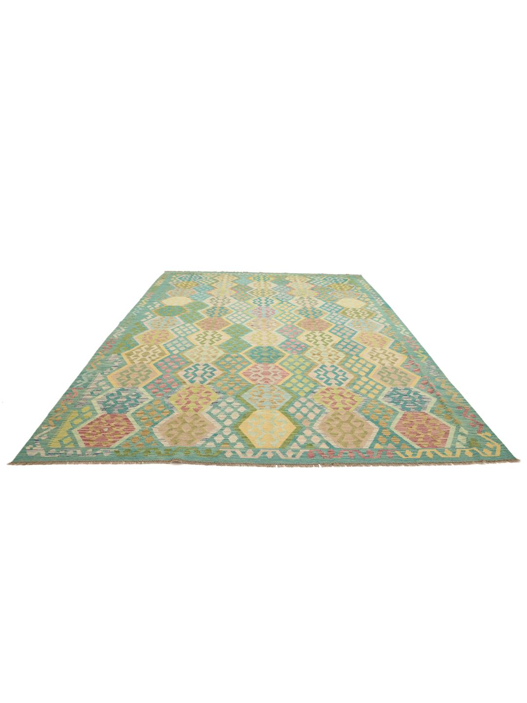 Hand-woven Afghan kelim rug featuring a vibrant multicolor geometric pattern