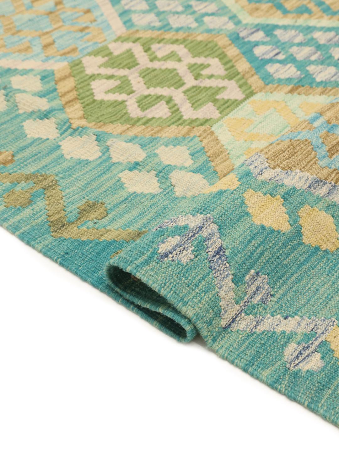 Hand-woven Afghan kelim rug featuring a vibrant multicolor geometric pattern