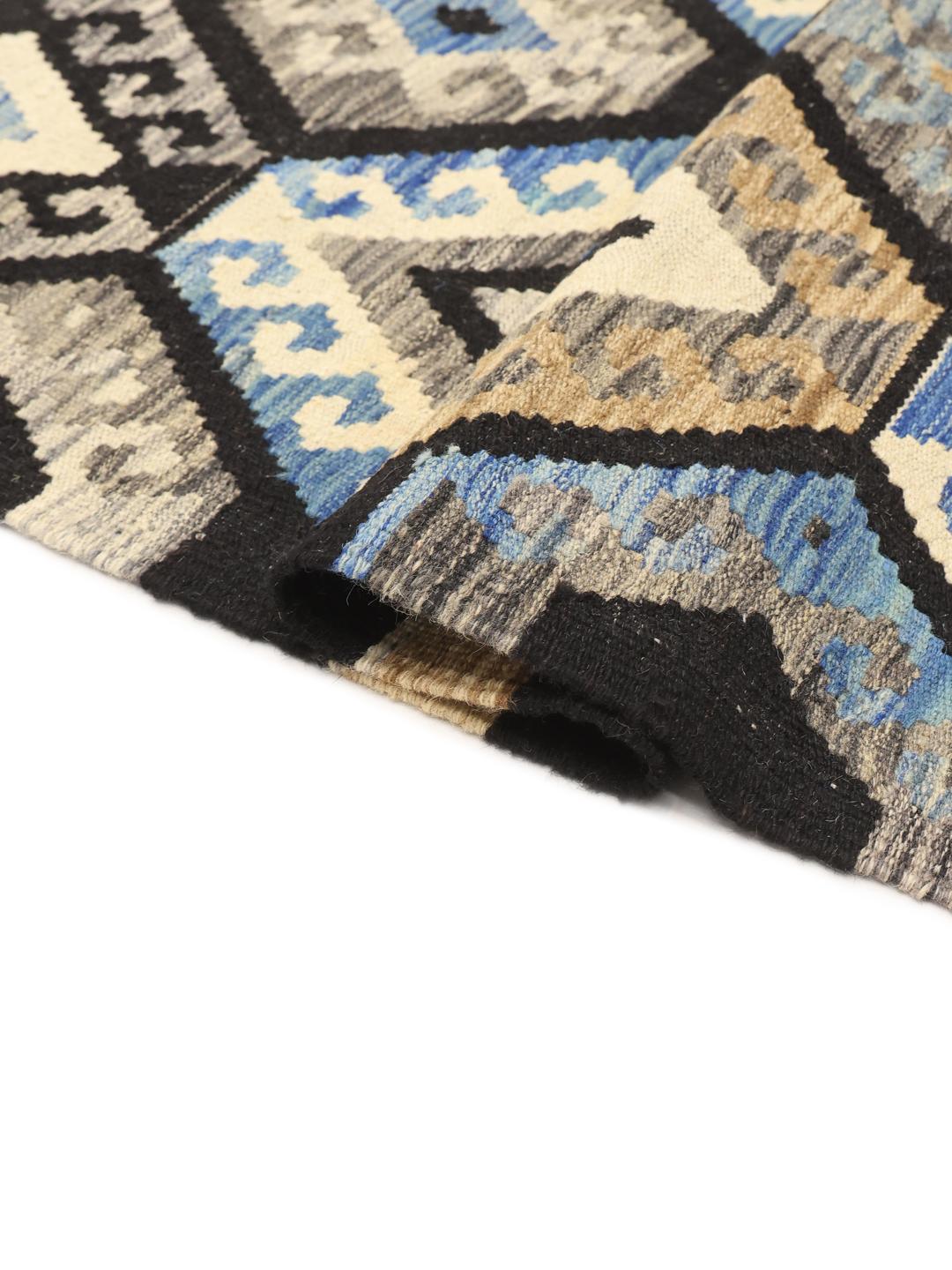 Handgeweven Afghan Kelim tapijt met geometrische patronen in blauw, zwart en beige