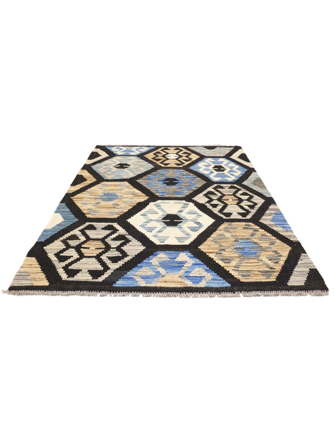 Met de hand geweven Afghan Kelim tapijt met een geometrisch patroon in veelkleurige wol