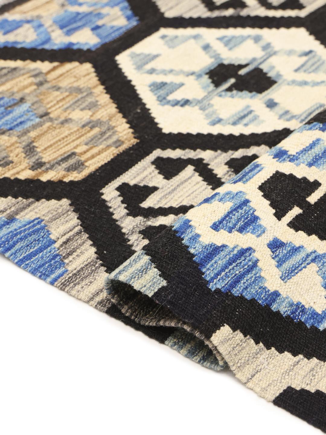 Met de hand geweven Afghan Kelim tapijt met een geometrisch patroon in veelkleurige wol