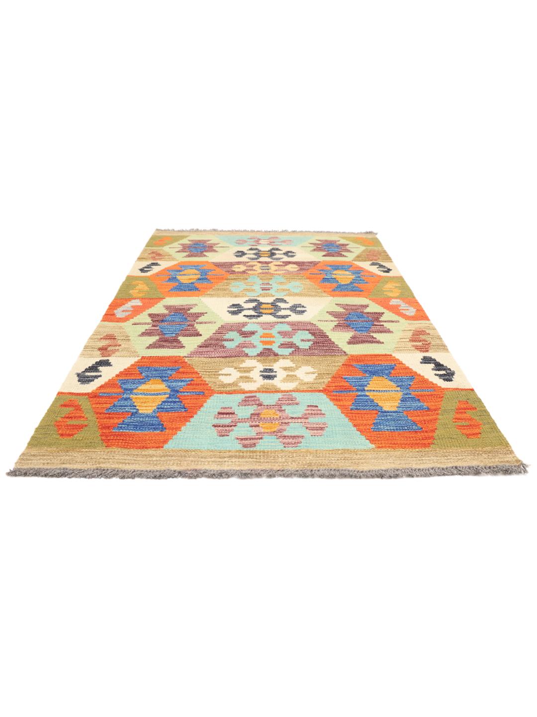 Tapis Kelim afghan tissé à la main avec un motif géométrique vibrant en laine multicolore