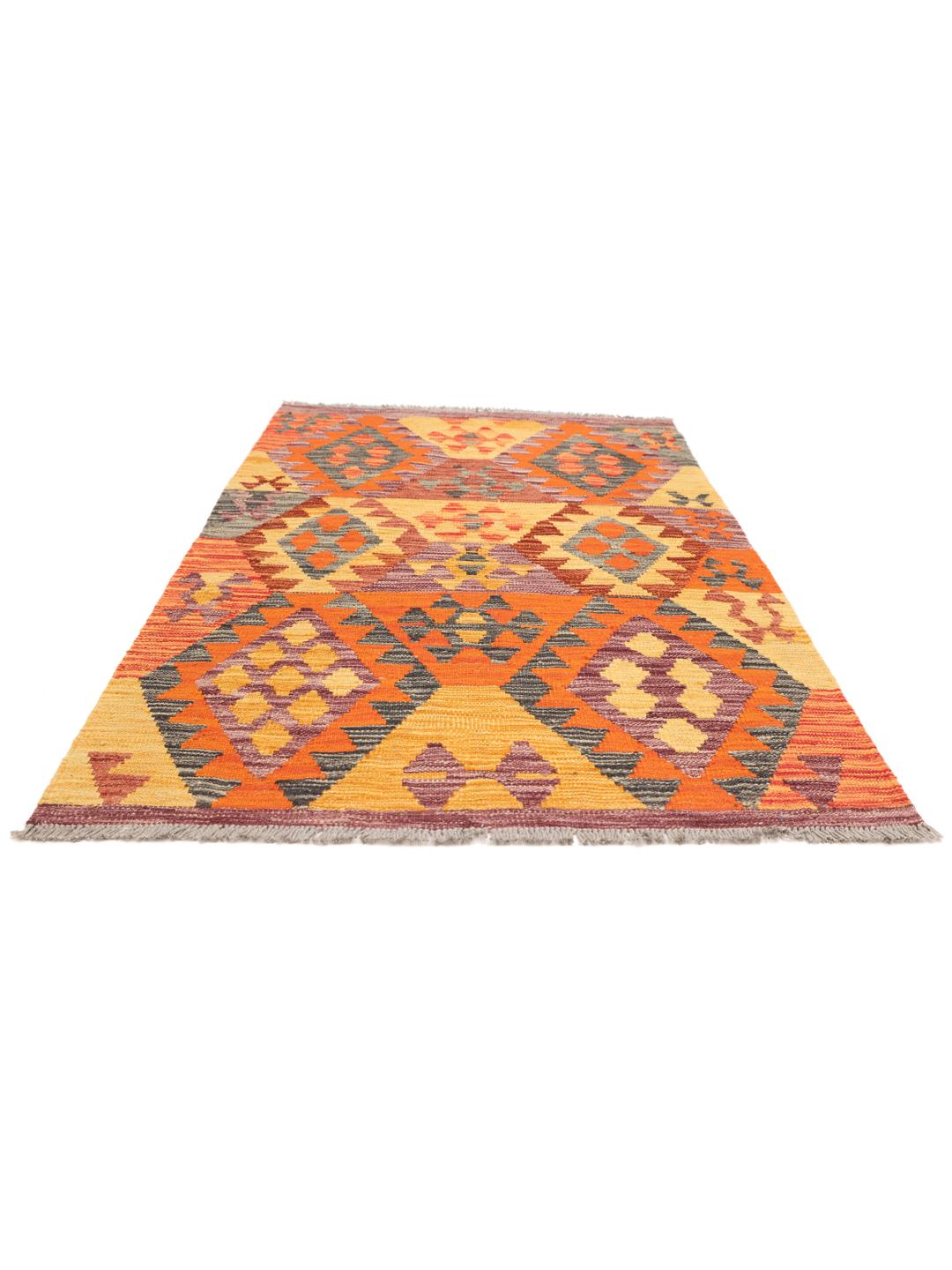 Tapis Kelim afghan tissé à la main arborant un motif géométrique multicolore en losanges