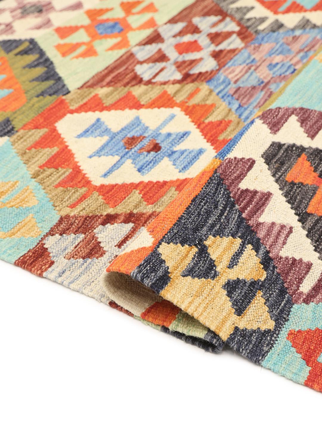 Hand-woven Afghan Kelim rug featuring a colourful geometric design on a Wool foundation