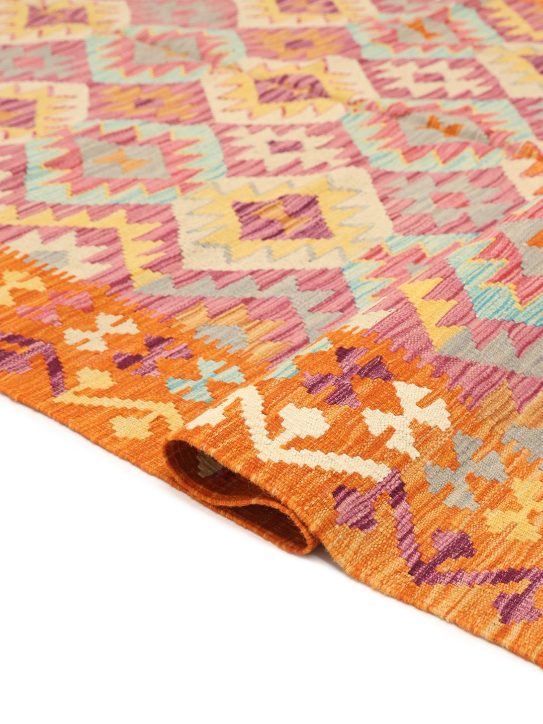 Hand-woven Afghan Kelim rug featuring a vibrant multicolor geometric pattern