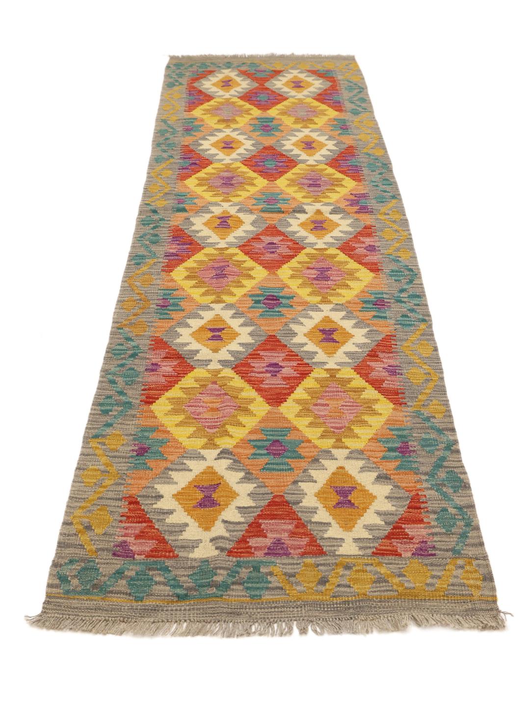 Handgeweven Afghaanse loper met een levendig geometrisch ruitpatroon in multicolor