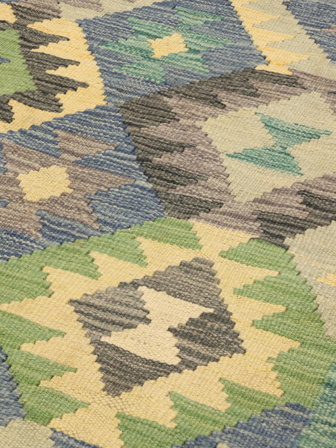 Hand-woven Afghan runner with colourful geometric patterns in Wool