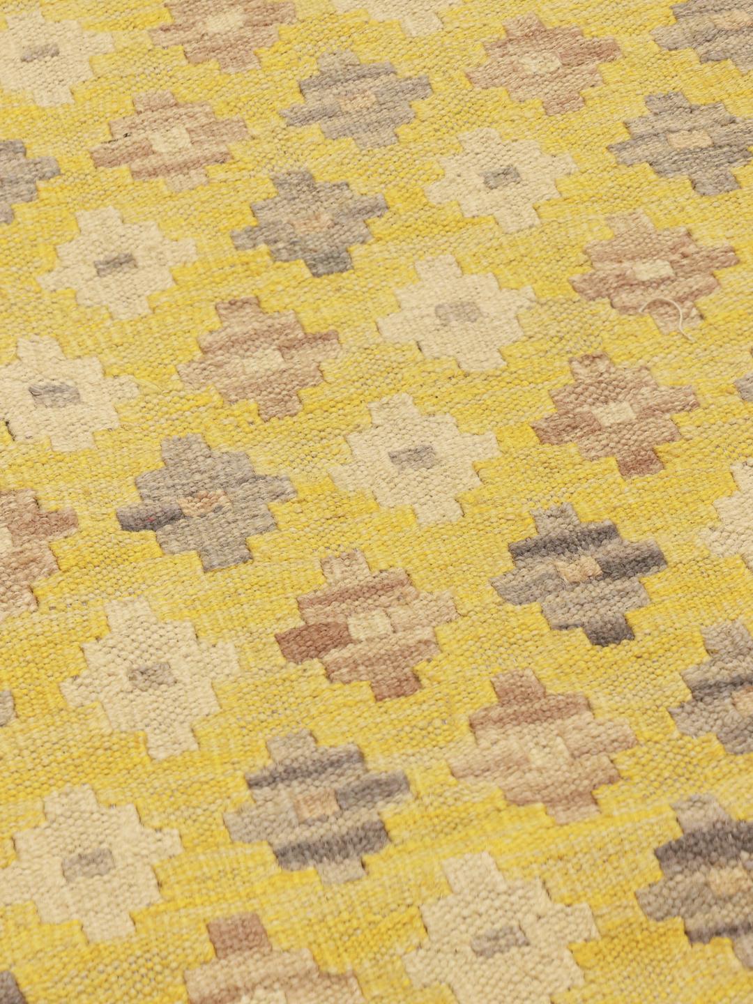 Hand-woven yellow Kelim Afghan Old Style runner with geometric motifs