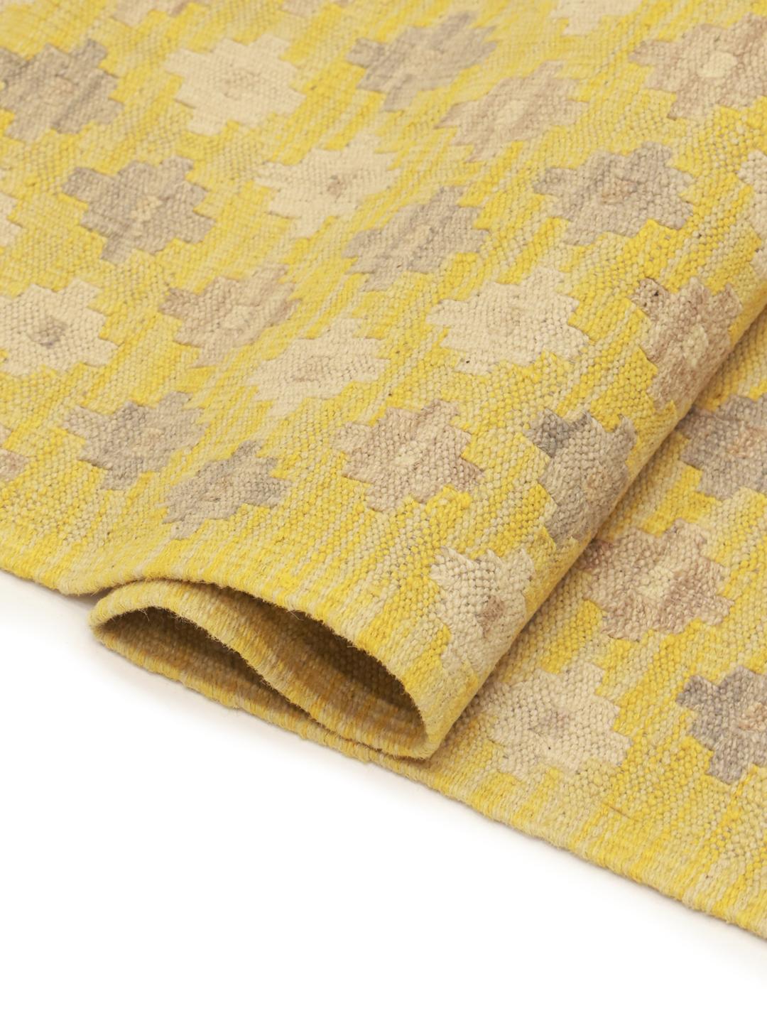 Hand-woven yellow Kelim Afghan Old Style runner with geometric motifs
