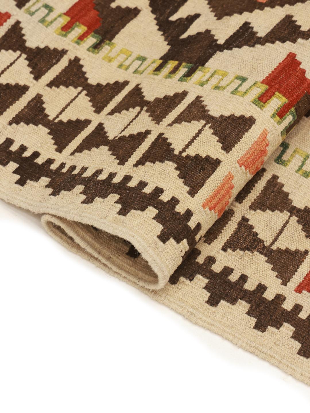 Handmade Afghan wool runner rug in beige and brown