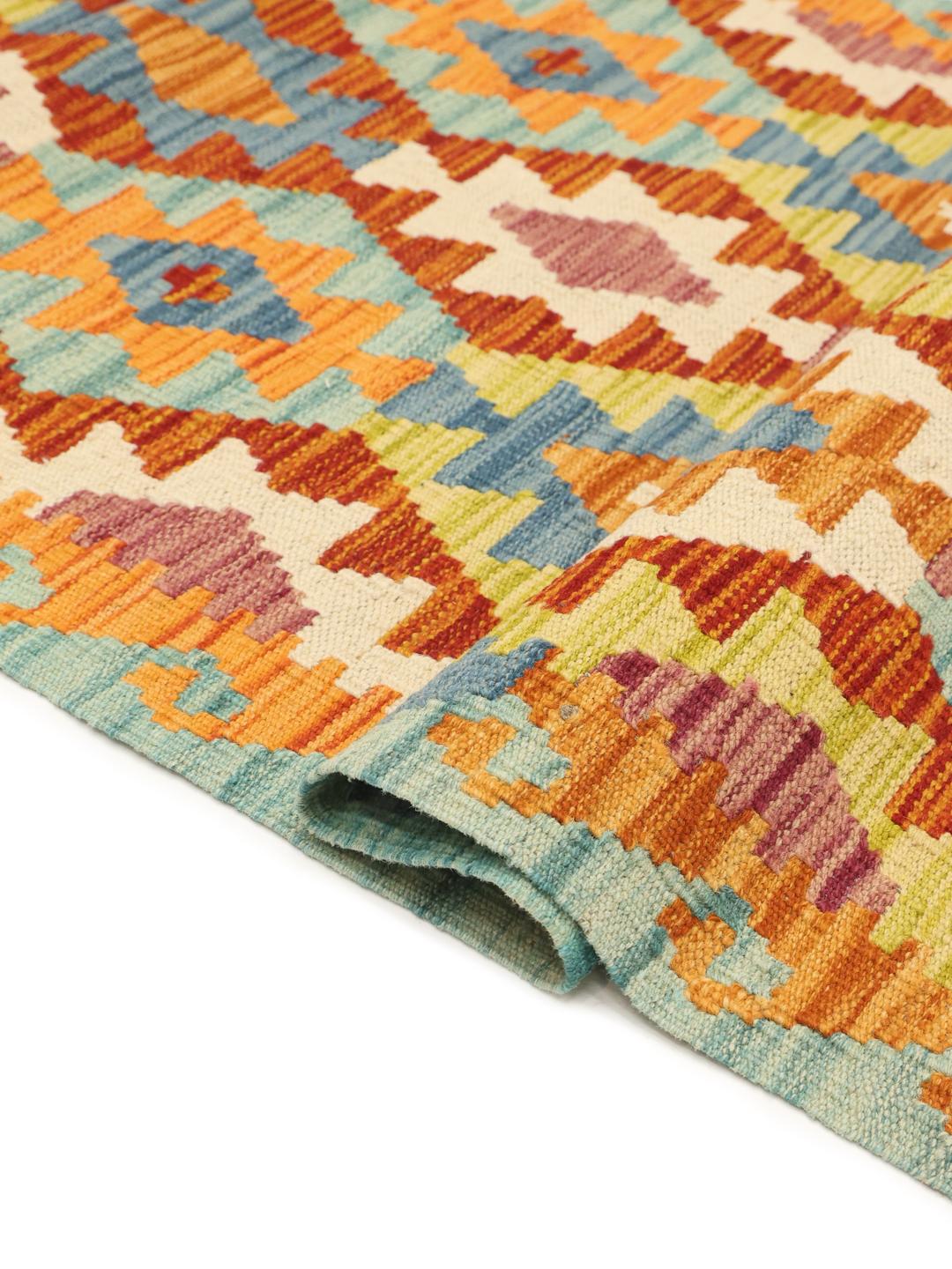 Hand-woven Afghan runner with a geometric pattern in multicolour Wool