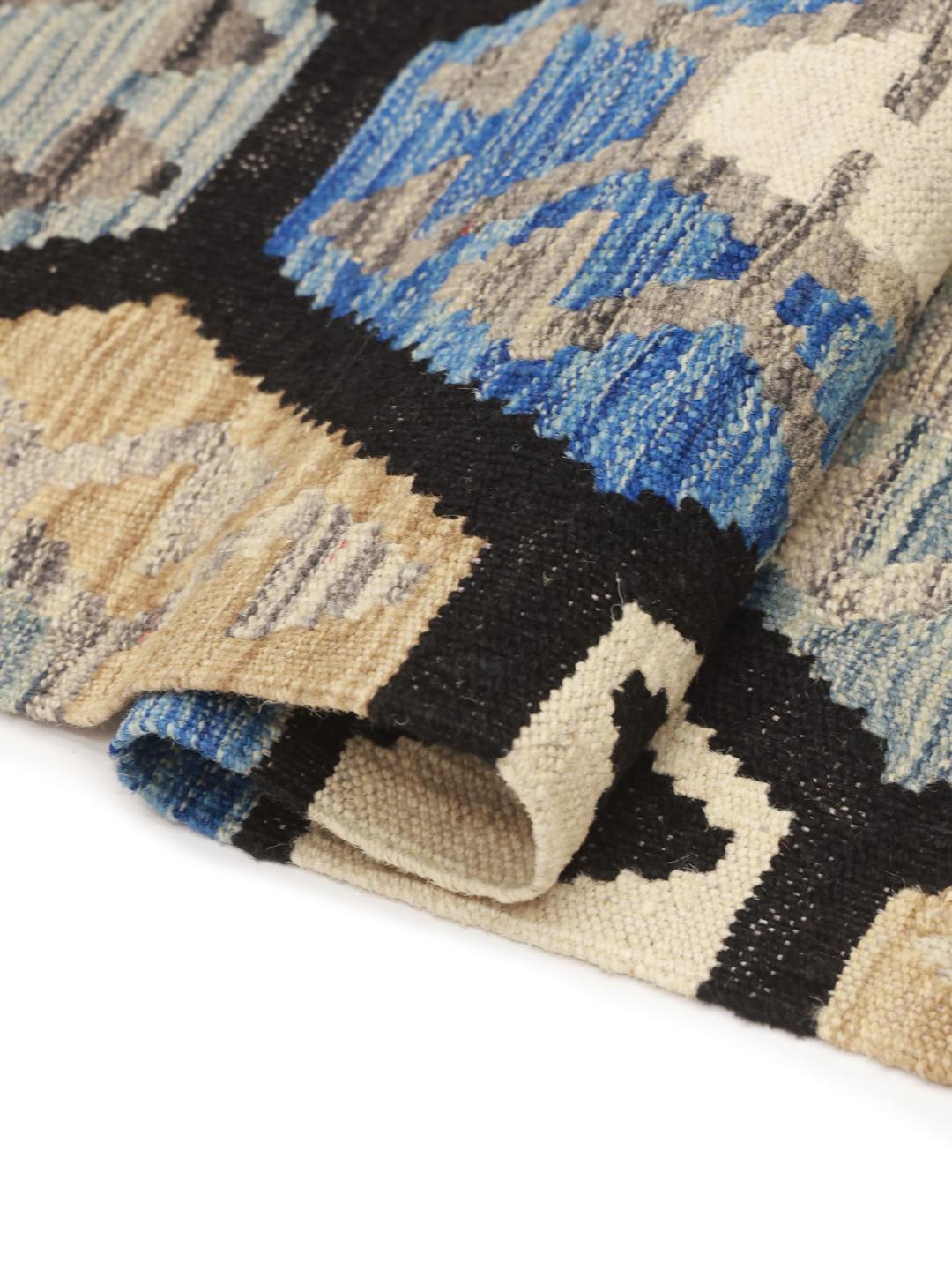 Handgeweven Afghan Kelim-tapijt met een blauw en bruin geometrisch zeshoekig patroon