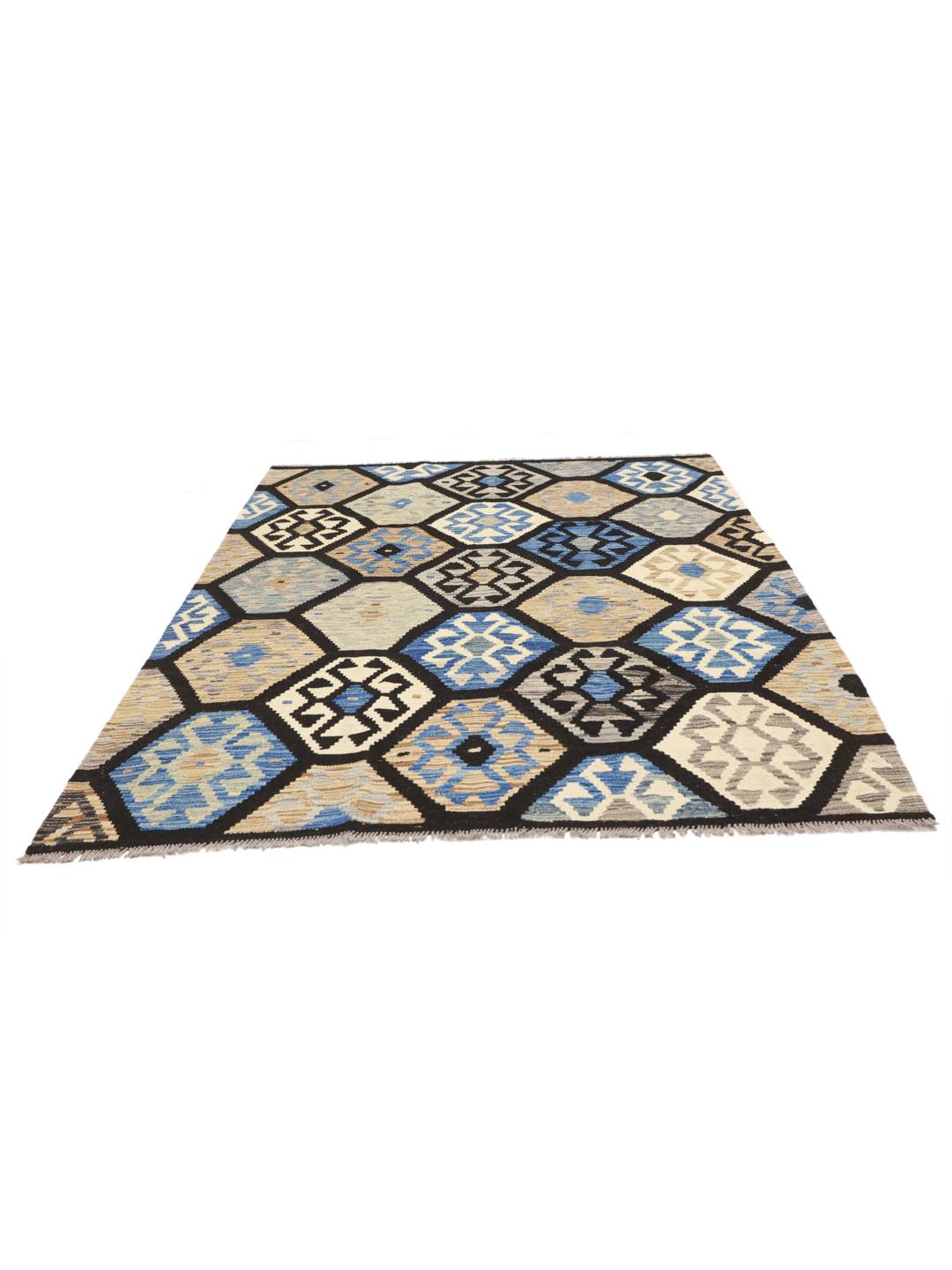 Hand-woven Afghan Kelim rug featuring blue and beige geometric patterns